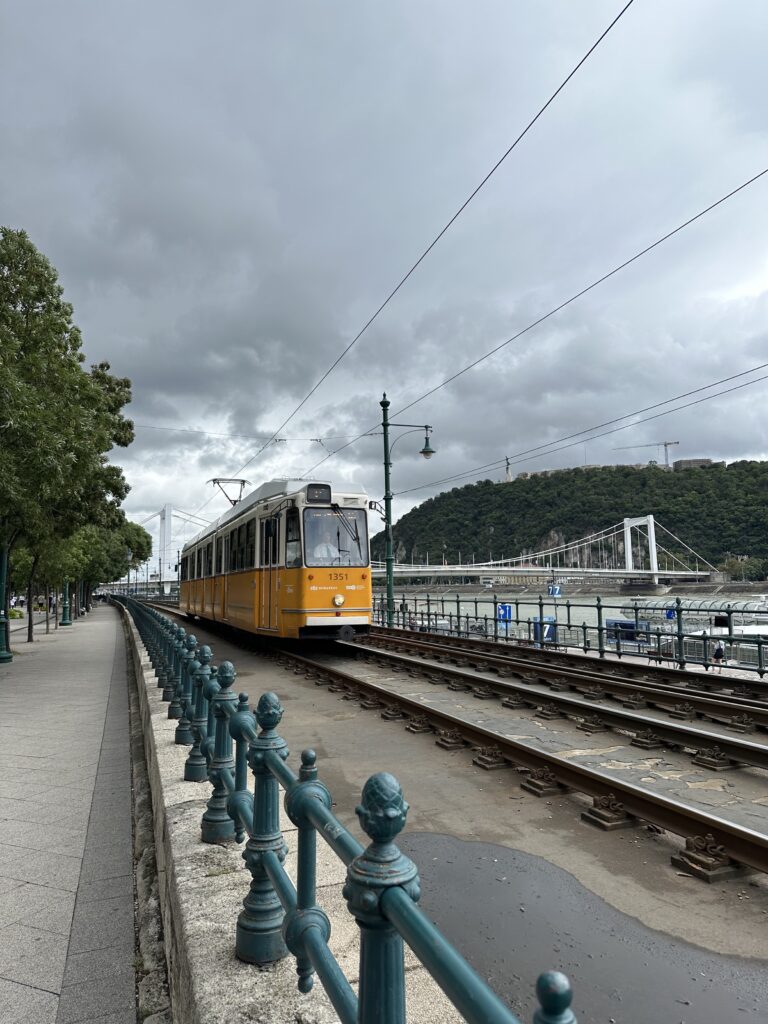 Tram number 2 rides around Danube river in Budapest
